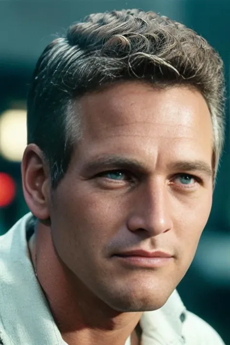 portrait, headshot, photo, highly detailed, Paul Newman, retro, punk hair, blade runner, cyberpunk, <lyco:Paul Newman:1.0>