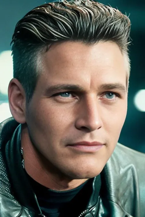 portrait, headshot, photo, highly detailed, Paul Newman, retro, ((spiked punk hair, lines shaved in, shaved sides, )), (blade runner, cyberpunk), <lyco:Paul Newman:1.0>