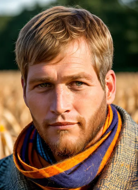 portrait of sksman, regretful , wearing scarf , with long beard orange Bowl cut , background corn maze epic (photo, studio lighting, hard light, sony a7, 50 mm, matte skin, pores, colors, hyperdetailed, hyperrealistic), <lyco:Paul Newman:1.0>