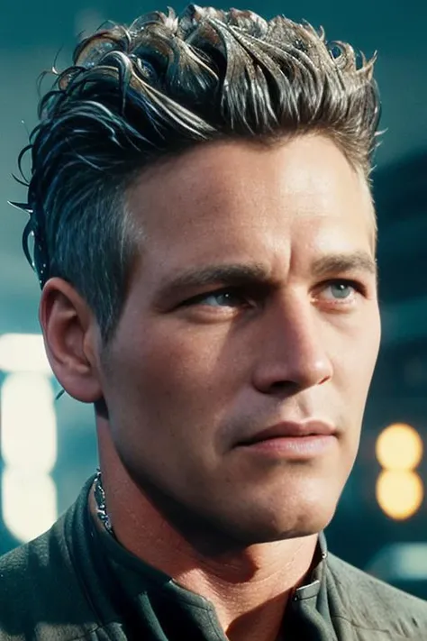 portrait, headshot, photo, highly detailed, Paul Newman, retro, ((spiked punk hair)), (blade runner, cyberpunk), <lyco:Paul Newman:1.0>