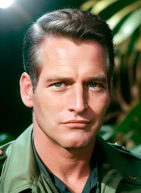portrait of sksman, optimistic , wearing t-shirt , with sideburns medium brown Quiff , background jungle epic (photo, studio lighting, hard light, sony a7, 50 mm, matte skin, pores, colors, hyperdetailed, hyperrealistic), <lyco:Paul Newman:1.0>