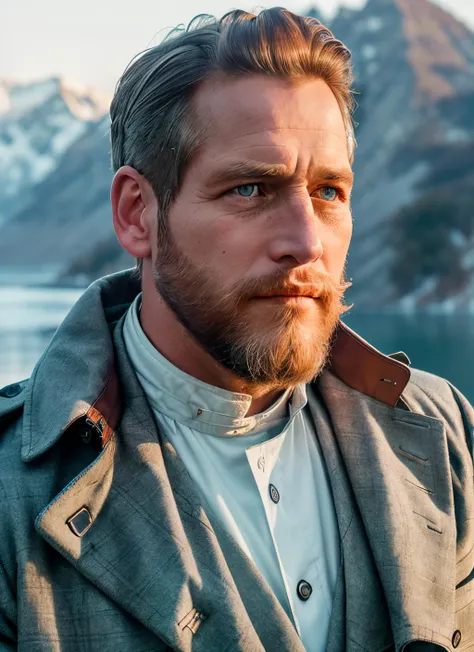 portrait of sksman, flustered , wearing trench coat , with long beard auburn Fade , background frozen lakeside epic (photo, studio lighting, hard light, sony a7, 50 mm, matte skin, pores, colors, hyperdetailed, hyperrealistic), <lyco:Paul Newman:1.0>