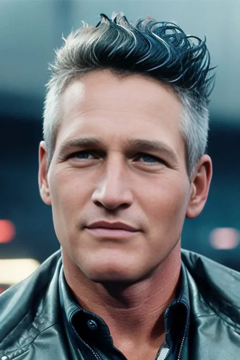 portrait, headshot, photo, highly detailed, Paul Newman, retro, ((spiked punk hair)), blade runner, cyberpunk, <lyco:Paul Newman:1.0>