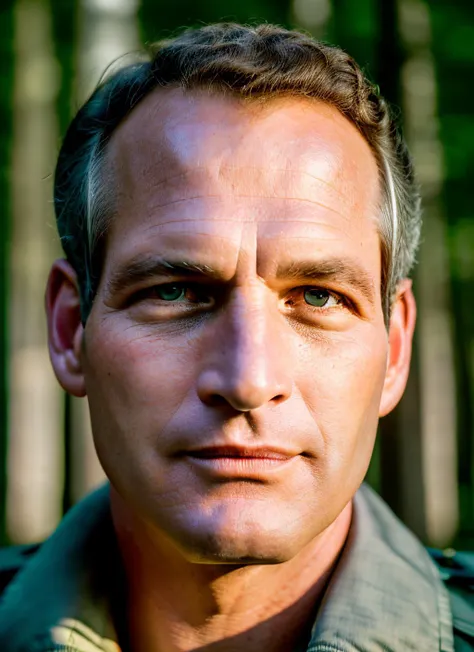 portrait of sksman, background mushroom forest epic (photo, studio lighting, hard light, sony a7, 50 mm, matte skin, pores, colors, hyperdetailed, hyperrealistic), <lyco:Paul Newman:1.0>