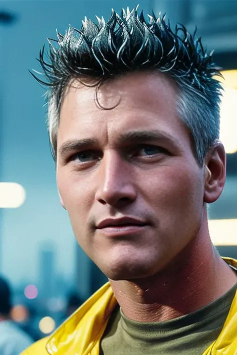 portrait, headshot, photo, highly detailed, Paul Newman, retro, ((spiked punk hair)), (blade runner, cyberpunk), <lyco:Paul Newman:1.0>