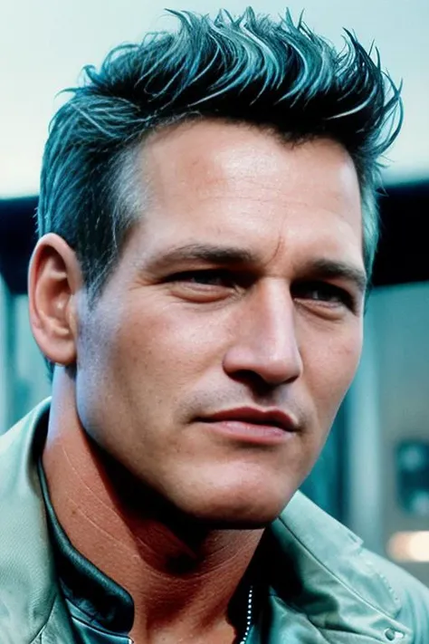 portrait, headshot, photo, highly detailed, Paul Newman, retro, ((spiked punk hair)), blade runner, cyberpunk, <lyco:Paul Newman:1.0>