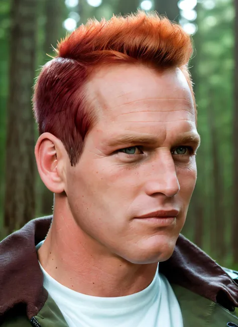 portrait of sksman, hot , wearing t-shirt , with blunt cut strawberry blonde Mohawk , background forest epic (photo, studio lighting, hard light, sony a7, 50 mm, matte skin, pores, colors, hyperdetailed, hyperrealistic), <lyco:Paul Newman:1.0>