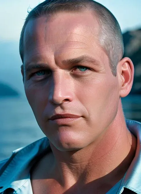 portrait of sksman, loving , wearing sleeveless shirt , with shaved head gray Slicked back , background ocean epic (photo, studio lighting, hard light, sony a7, 50 mm, matte skin, pores, colors, hyperdetailed, hyperrealistic), <lyco:Paul Newman:1.0>