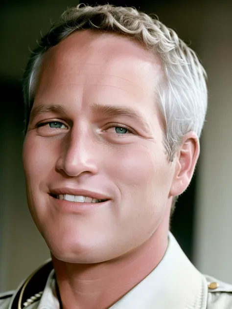 Paul Newman, SKSMAN, RAW photo , half body shot,  Fine clothes, front facing, pale skin, innocent smile, (detailed face), (detailed skin), intricate details, shallow depth of field, cinematic lighting,, photographed on a Canon EOS R5, HDR, 8k resolution, smiling, Day time,   <lyco:Paul Newman:2.5.>