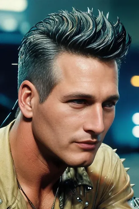 portrait, headshot, photo, highly detailed, Paul Newman, retro, ((spiked punk hair, lines shaved in, shaved sides, )), (blade runner, cyberpunk, cybernetics), <lyco:Paul Newman:1.0>