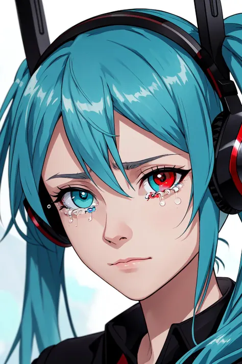 1girl, solo, long hair, looking at viewer, blue eyes, red eyes, hair between eyes, twintails, closed mouth, blue hair, tears, blurry, aqua eyes, aqua hair, depth of field, headphones, heterochromia, expressionless, portrait, close-up, multicolored eyes, eye focus