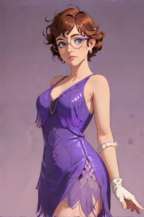 <lora:bzl:0.8>, <lora:vintageflapperdress-plus116:0.6>, bzl_test wearing purple flapper dress, 1920s, beaded fringe, gloves, curly brown hair, (grey|blue) eyes, glasses, (freckles:0.4), simple background || skin, hair, fabric, beaded, masterpiece, 8k, high resolution, shallow depth of field, sharp focus