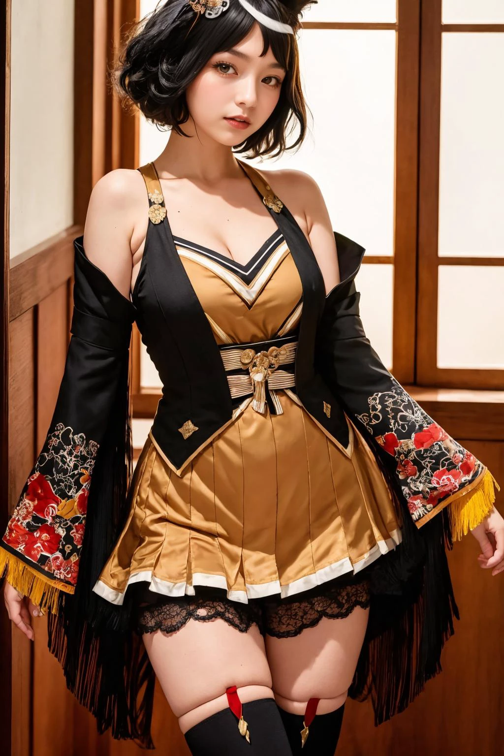 masterpiece, best quality, 8K RAW photo, Kitasan_Black_Umamusume, red eyes, animal ears, short hair,
(streaked hair:1.2), hair ornament, wearing <lora:fl4pp3r dr3ss:0.6>, flapper dress, 1920s, detached sleeves, cleavage cutout, thighhighs, <lora:Kitasan_Black_Umamusume:0.85>, cowboy shot,