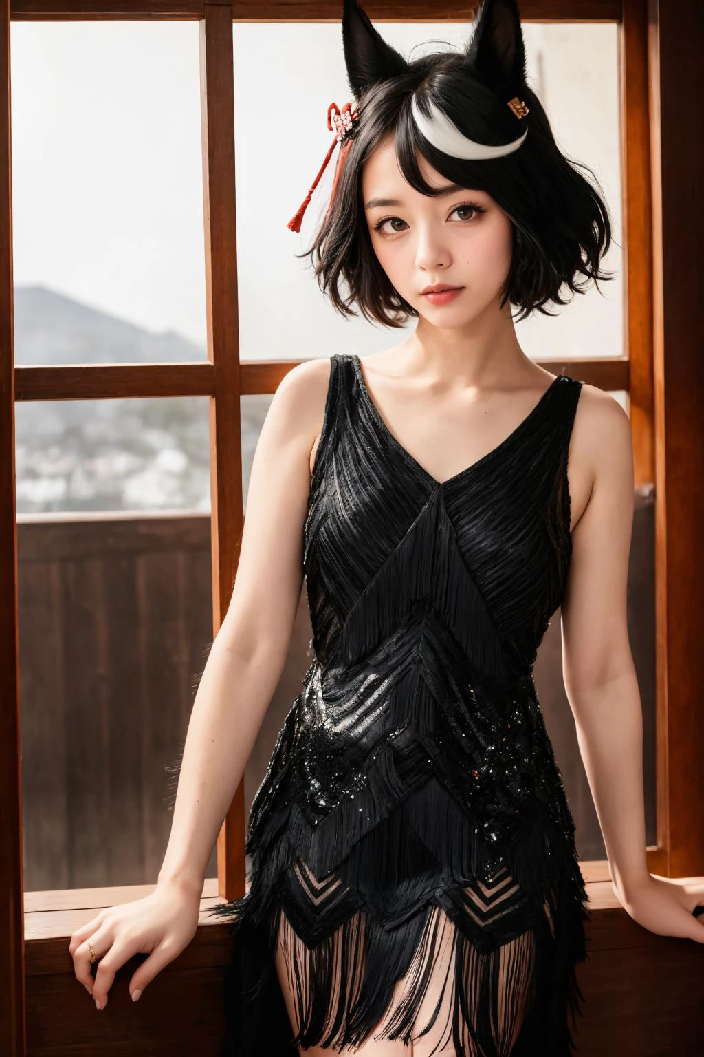 masterpiece, best quality, 8K RAW photo, Kitasan_Black_Umamusume, red eyes, animal ears, short hair,
(streaked hair:1.2), hair ornament, , wearing <lora:fl4pp3r dr3ss:0.6>, flapper dress, 1920s, <lora:Kitasan_Black_Umamusume:0.85>, cowboy shot,