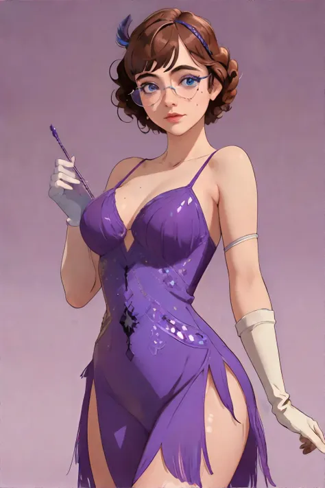 <lora:bzl:0.8>, <lora:vintageflapperdress-plus116:0.6>, bzl_test wearing purple flapper dress, 1920s, beaded fringe, gloves, curly brown hair, (grey|blue) eyes, glasses, (freckles:0.4), simple background || skin, hair, fabric, beaded, masterpiece, 8k, high resolution, shallow depth of field, sharp focus