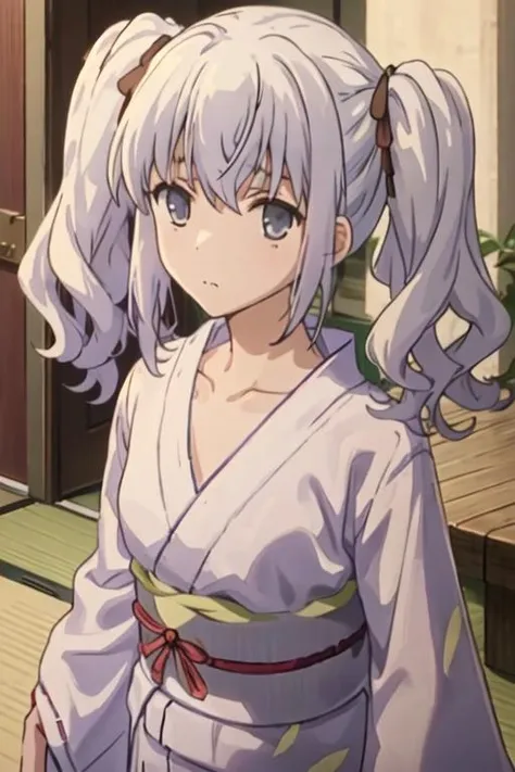 best quality, masterpiece, highres, solo, {yukata:1.40}, {kimono:1.20}, {nephren_sukasuka:1.15}, twintails, grey_eyes, ribbon, hair_ribbon, closed_mouth, upper_body
