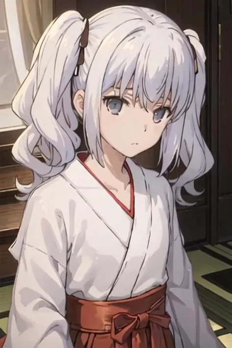 best quality, masterpiece, highres, solo, {white kimono:1.35}, {red hakama:1.35}, {wide sleeves:1.20}, {nephren_sukasuka:1.15}, twintails, grey_eyes, ribbon, hair_ribbon, closed_mouth, upper_body