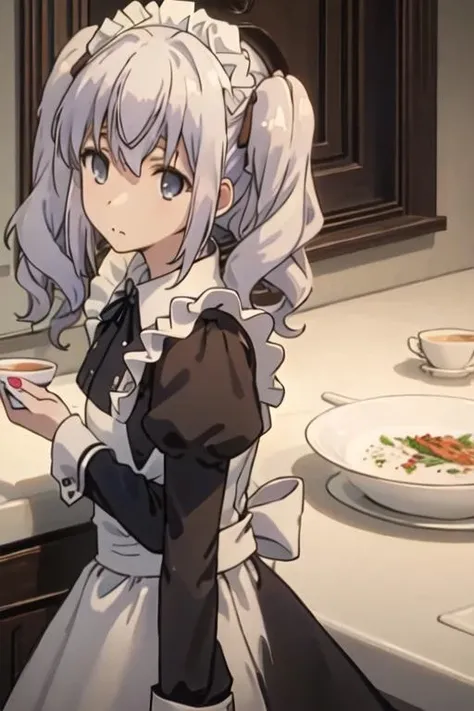 best quality, masterpiece, highres, solo, {maid:1.40}, {long maid dress:1.15}, {nephren_sukasuka:1.15}, twintails, grey_eyes, ribbon, hair_ribbon, closed_mouth, upper_body