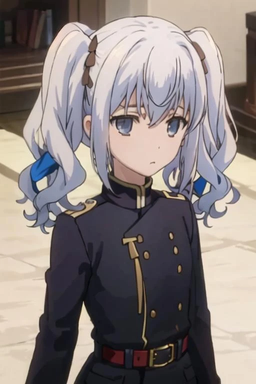 best quality, masterpiece, highres, solo, {nephren_sukasuka:1.15}, twintails, grey_eyes, ribbon, hair_ribbon, closed_mouth, upper_body, 1girl, blue_eyes, blue_hair, uniform, military, military_uniform, solo_focus, belt, blurry, hair_between_eyes