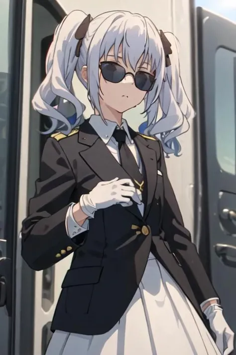 best quality, masterpiece, highres, solo, {black business suit:1.40}, {tie:1.20}, {sunglasses:1.25}, {white gloves:1.15}, {white shirt:1.10}, {black skirt:1.15}, {smoking:1.20}, handsome, {nephren_sukasuka:1.15}, twintails, grey_eyes, ribbon, hair_ribbon, closed_mouth, upper_body