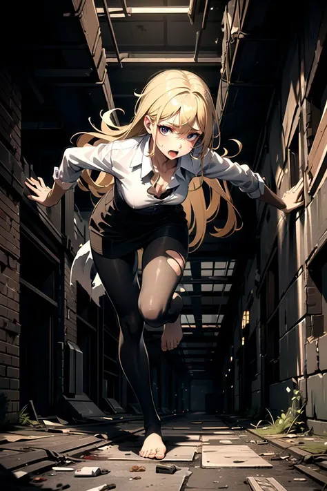 masterpiece, best quality, full body shot, night time, 1girl, medium breasts, torn white blouse, torn black pantyhose, barefoot, running toward viewer, scared,
<lora:zombie_v1.3:0.8>, zombie, multiple boys,
machinery, peeling wall, bricks, peeling wall exposing bricks,
<lora:abandoned factory_v1:0.5>, ruanyi0005, abandoned factory,