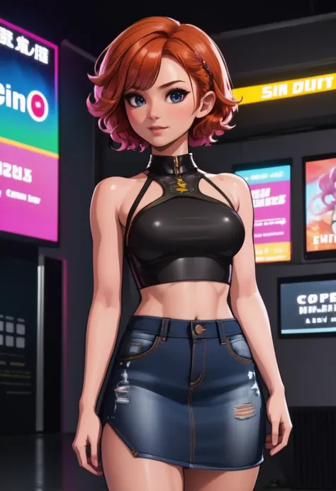 1girl, woman, punk bad girl, cute, cameltoe, [:outlandish, casual costume design,:0.2], punk hair, multicolor hair, swept bangs,Loose Curls, denim skirt, bombshell hair, copper hair, bombshell curly hair, chubby, narrow waist, small breasts, japanese<lora:EnvyBeautyXL04:1:1:lbw=ALL>