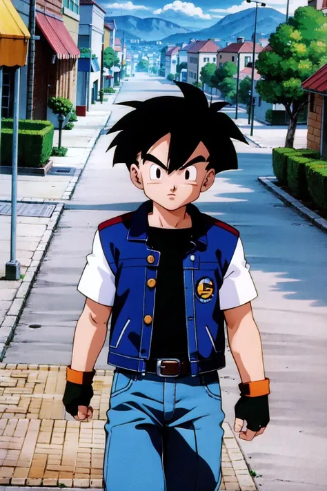 pokemovies,bsfrm, 1boy, black hair, black eyes ,cowboy shot,walking, city, sidewalk, traffic light, building,black shirt, blue jacket, jeans, fingerless gloves,open jacket,looking at viewer,(best quality, masterpiece) <lora:pokemovies_v1:1> <lora:teengohan_v1:1>