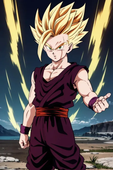 (ssj2), 1boy, yellow hair, green eyes,cowboy shot,yellow aura, electricity,naked purple dougi, purple pants, (blue wristband), red sash, sleeveless,v-neck,looking at viewer,(best quality, masterpiece) <lora:teengohan_v1:1>