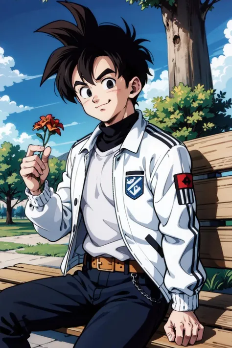 bsfrm, 1boy, solo,white jacket,black pants,sitting, black hair, black eyes,looking at viewer,blue sky,smirk, (best quality, masterpiece), turtleneck jacket,long sleeves,bench, tree, flowers,holding red flower