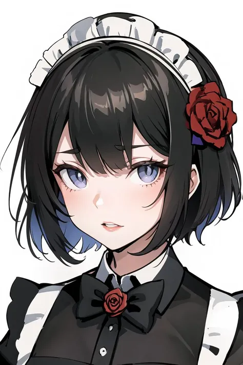 1girl, maid_headdress, solo, rose, flower, maid, grey_eyes, hair_flower, bangs, looking_at_viewer, white_background, black_flower, simple_background, collared_shirt, eyebrows_visible_through_hair, parted_lips, hair_ornament, black_rose, portrait, shirt, cropped_shoulders <lora:style_Ajishio:0.8>