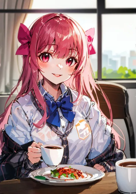 1girl, bangs, blue_bow, blunt_bangs, blurry, blurry_background, blurry_foreground, blush, bow, bowtie, cardigan, closed_mouth, coffee, cup, depth_of_field, desk, eyebrows_visible_through_hair, food, from_side, hair_ribbon, holding, holding_cup, indoors, kotonoha_akane, long_hair, long_sleeves, looking_at_viewer, one_side_up, pink_eyes, pink_hair, red_eyes, ribbon, saucer, school_uniform, shirt, sidelocks, sitting, smile, solo, table, teacup, upper_body, very_long_hair, white_shirt, window <lora:style_Ajishio:1>