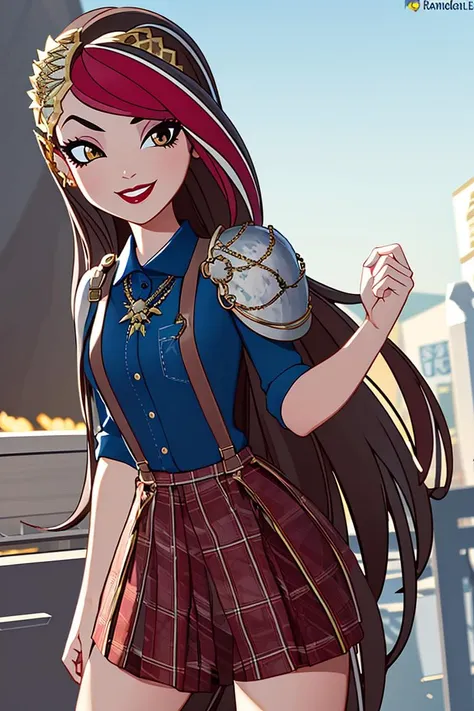 ((masterpiece,best quality)), absurdres,
<lora:Ramona_Badwolf_EAH:0.8>, Ramona_Badwolf_EAH,  suspenders, blue shirt, plaid, shoulder armor, 
solo, smiling, looking at viewer, cowboy shot, 
school in background, cinematic composition, dynamic pose,