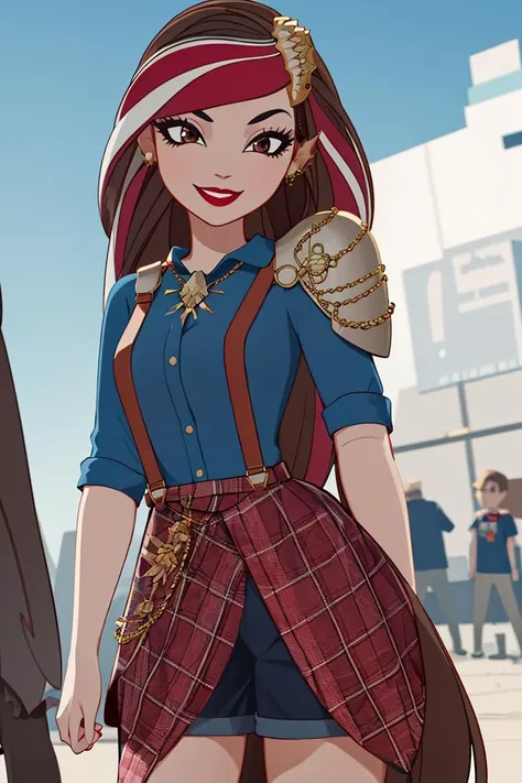 ((masterpiece,best quality)), absurdres,
<lora:Ramona_Badwolf_EAH:0.8>, Ramona_Badwolf_EAH, suspenders, blue shirt, plaid, shoulder armor,
solo, smiling, looking at viewer, cowboy shot,
school in background, cinematic composition, dynamic pose,