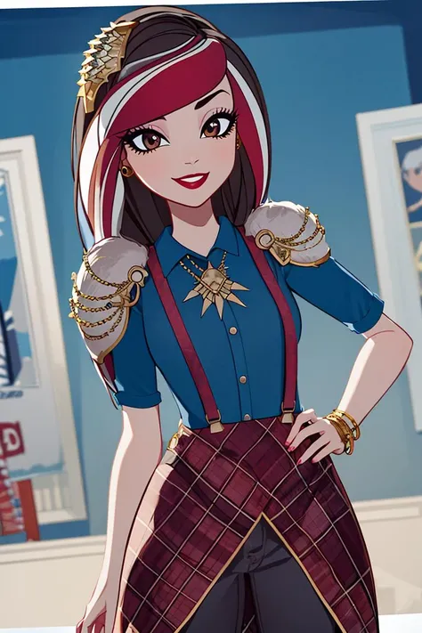((masterpiece,best quality)), absurdres,
<lora:Ramona_Badwolf_EAH:0.8>, Ramona_Badwolf_EAH, suspenders, blue shirt, plaid, shoulder armor,
solo, smiling, looking at viewer, cowboy shot,
school in background, cinematic composition, dynamic pose,