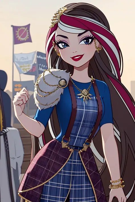 ((masterpiece,best quality)), absurdres,
<lora:Ramona_Badwolf_EAH:0.8>, Ramona_Badwolf_EAH,  suspenders, blue shirt, plaid, shoulder armor, 
solo, smiling, looking at viewer, cowboy shot, 
school in background, cinematic composition, dynamic pose,