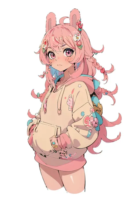 (masterpiece, best quality),  intricate details,
1girl,  <lora:Pippa:0.8> pippa, virtual youtuber, pink hair, hair ornament, rabbit ears, pink eyes, hoodie,