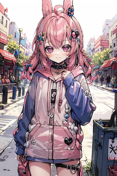 (masterpiece, best quality),  intricate details,
1girl,  <lora:Pippa:0.8> pippa, virtual youtuber, pink hair, hair ornament, rabbit ears, pink eyes, hoodie,