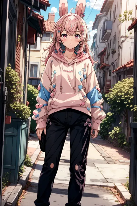 (masterpiece, best quality),  intricate details,
1girl,  <lora:Pippa:0.8> pippa, virtual youtuber, pink hair, hair ornament, rabbit ears, pink eyes, hoodie, 
 <lora:attire_innerthighvents_a:0.8> thigh cutout, clothing cutout,  pants,