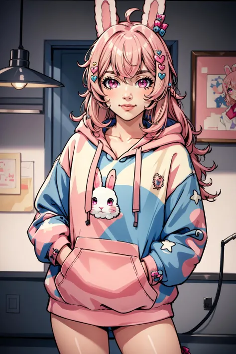 (masterpiece, best quality), intricate details,
1girl, <lora:Pippa:0.8> pippa, virtual youtuber, pink hair, hair ornament, rabbit ears, pink eyes, hoodie,