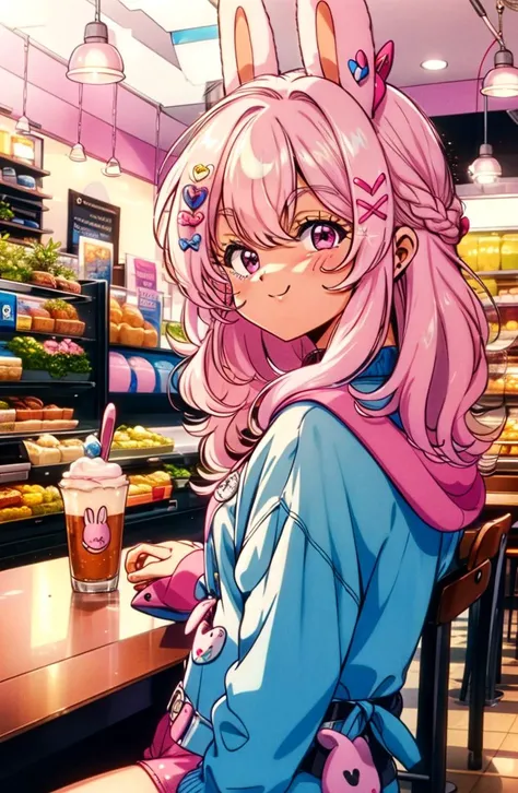 1girl, pippa, virtual youtuber, pink hair, hair ornament, rabbit ears, pink eyes, <lora:Char - PippaV2:0.75>, sitting, cafe, 1980s \(style\), <lora:Style - BluetheBone:0.85>,
