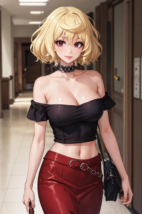masterpiece, best quality, <lora:mitsuki-nvwls-v1-000009:0.8> mitsuki, choker, black t-shirt, off-shoulder, pencil skirt, large breasts, hallway, looking at viewer, smile