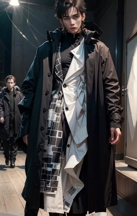 Masterpiece, best quality, 8K, (exquisite facial features: 1.5), movie angle, (1 male: 1.6), super details, outerwear trench coat, deconstruction design, (Wear a suit inside), cropped hair, oversized silhouette, fashion blockbuster, (bright lighting), facing the audience, <lora:Yohji Fashion Style:1>,