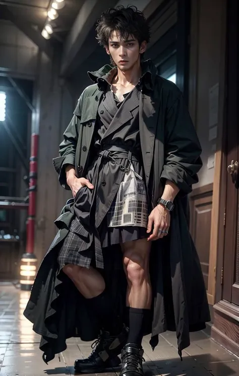 Masterpiece, best quality, 8K, (exquisite facial features: 1.5), movie angle, (1 male: 1.6), super details, outerwear trench coat, deconstruction design, (inner suit), cropped hair, oversized silhouette, fashion blockbuster, (bright lighting), facing the audience,, <lora:Yohji Fashion Style:1>,