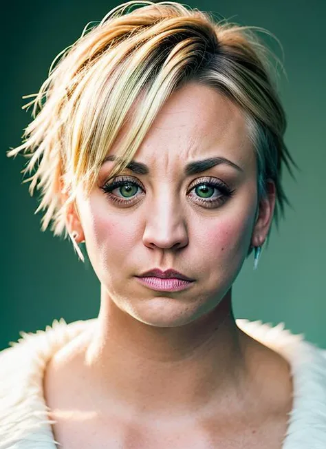 portrait of Kaley Cuoco, enraged , wearing couture , with green Asymmetrical haircut , background winter epic (photo, studio lighting, hard light, sony a7, 50 mm, matte skin, pores, colors, hyperdetailed, hyperrealistic), <lyco:Kaley Cuoco:1.1>