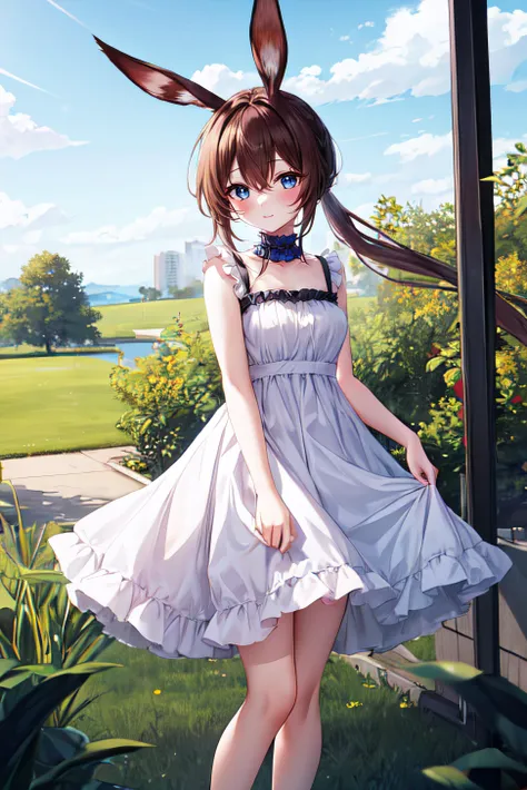 <lora:add_detail:0.5>,masterpiece,best quality,highres,looking at viewer,1girl,<lora:arknightsamiya-lora-nochekaiser:1>,arknightsamiya,animal ears,blue eyes,brown hair,hair between eyes,ponytail,rabbit ears,rabbit girl,sidelocks,sundress,white dress,frilled dress,blush,light smile,