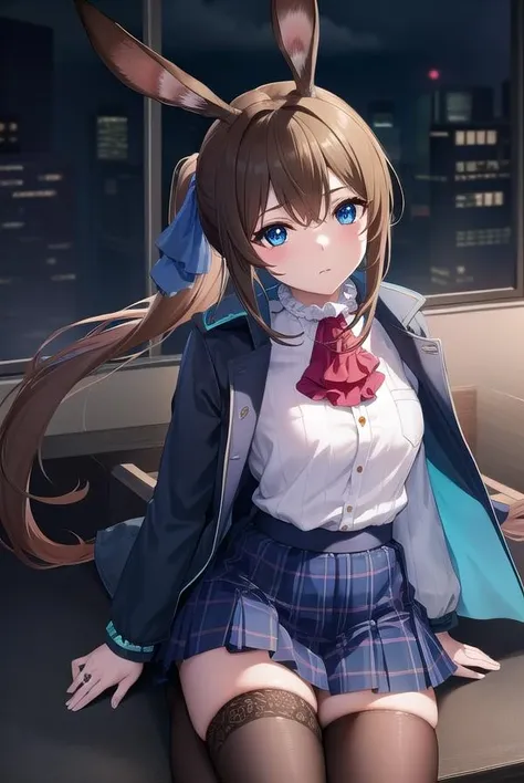 arknightsamiya, <lora:arknightsamiya-lora-nochekaiser:1>,
arknightsamiya, animal ears, blue eyes, brown hair, hair between eyes, ponytail, rabbit ears, rabbit girl, sidelocks,
BREAK anklet, ascot, black jacket, blue ascot, blue collar, blue footwear, blue skirt, brown pantyhose, buttons, collar, jacket, jewelry, long sleeves, miniskirt, multicolored clothes, multicolored jacket, open clothes, open jacket, pantyhose, plaid, plaid skirt, pleated skirt, pocket, puffy long sleeves, puffy sleeves, red ribbon, ribbon, ring, shirt, skirt, striped, striped shirt, thighlet, two-tone jacket, vertical stripes, vertical-striped shirt, (white shirt:1.5),
BREAK looking at viewer, upper body, full body,
BREAK outdoors, city, sky,
BREAK <lyco:GoodHands-beta2:1>, (masterpiece:1.2), best quality, high resolution, unity 8k wallpaper, (illustration:0.8), (beautiful detailed eyes:1.6), extremely detailed face, perfect lighting, extremely detailed CG, (perfect hands, perfect anatomy),