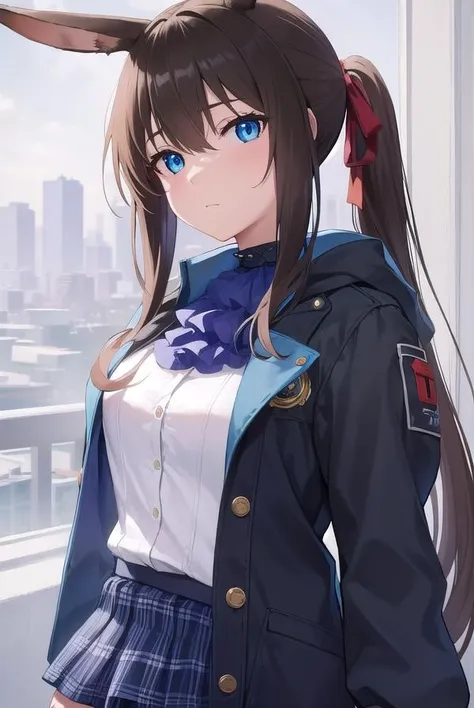 arknightsamiya, <lora:arknightsamiya-lora-nochekaiser:1>,
arknightsamiya, animal ears, blue eyes, brown hair, hair between eyes, ponytail, rabbit ears, rabbit girl, sidelocks,
BREAK anklet, ascot, black jacket, blue ascot, blue collar, blue footwear, blue skirt, brown pantyhose, buttons, collar, jacket, jewelry, long sleeves, miniskirt, multicolored clothes, multicolored jacket, open clothes, open jacket, pantyhose, plaid, plaid skirt, pleated skirt, pocket, puffy long sleeves, puffy sleeves, red ribbon, ribbon, ring, shirt, skirt, striped, striped shirt, thighlet, two-tone jacket, vertical stripes, vertical-striped shirt, (white shirt:1.5),
BREAK looking at viewer, upper body, full body,
BREAK outdoors, city, sky,
BREAK <lyco:GoodHands-beta2:1>, (masterpiece:1.2), best quality, high resolution, unity 8k wallpaper, (illustration:0.8), (beautiful detailed eyes:1.6), extremely detailed face, perfect lighting, extremely detailed CG, (perfect hands, perfect anatomy),