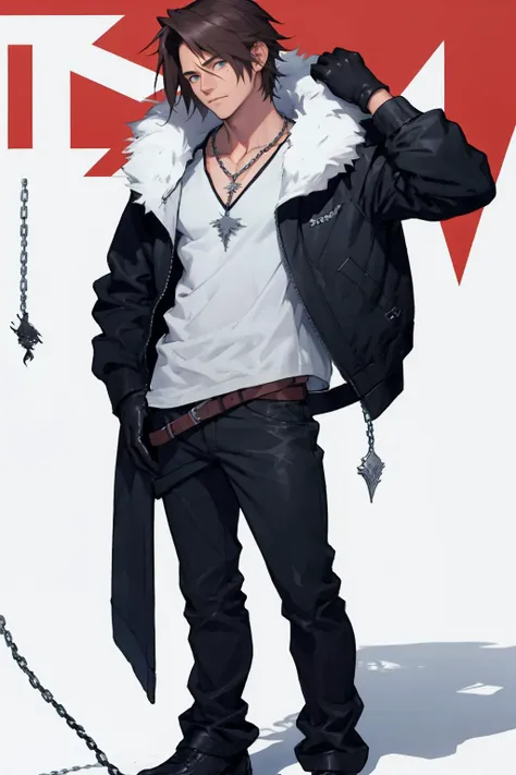 best quality, Mature male, Full body shot, <lora:squall-nvwls-v1:.95> squall, scar, necklace, black jacket, fur trim, white t-shirt, black pants, black gloves