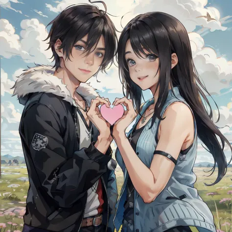 hand hearts, posing as a couple, looking into the camera, clouds in the sky, grassy field, prairie flowers, dark hair, masterpiece, best quality, CG, wallpaper, HDR, high quality, high-definition, extremely detailed, BREAK
squall, scar, necklace, black jacket, fur trim, white t-shirt, black pants, black gloves, 1boy, scowling, unhappy, embarrassed, (blushing), angular features, sharp jawline, messy hair, muscular, <lora:squall-nvwls-v1:0.8>, BREAK
rinoa, (big smile:1.5), arm warmers, necklace, sleeveless coat, black shirt, blue skirt, arm ribbon, bike shorts, long hair, straight hair, 1girl, beautiful Japanese woman,  <lora:rinoa-nvwls-v2:0.8>