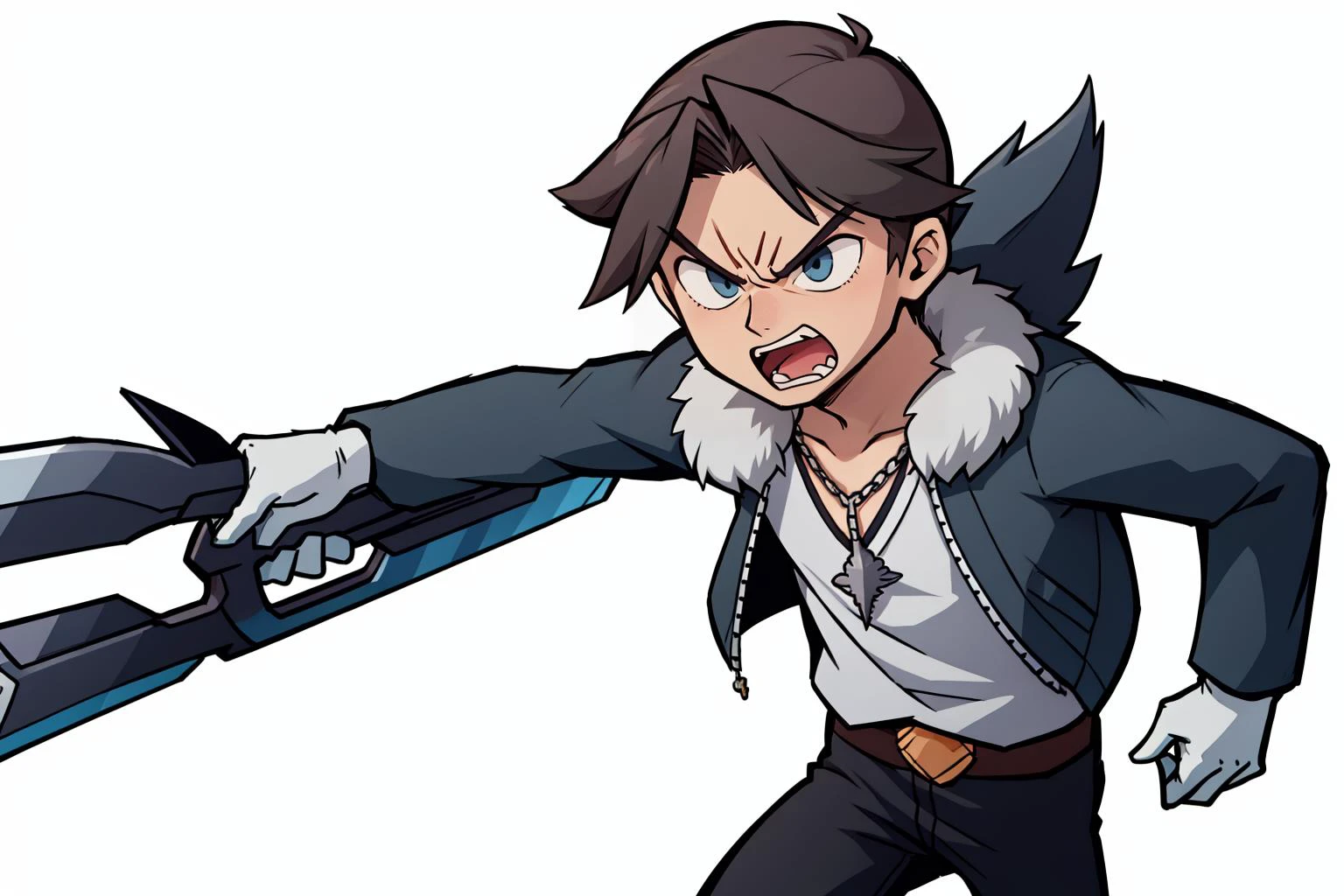 masterpiece, best quality, cowboy shot, <lora:GoodHands-beta2:1> <lora:squall-nvwls-v1:0.85> 1boy, squall, holding gunblade, scar, necklace, black jacket, fur trim, white t-shirt, black pants, black gloves, open mouth, angry